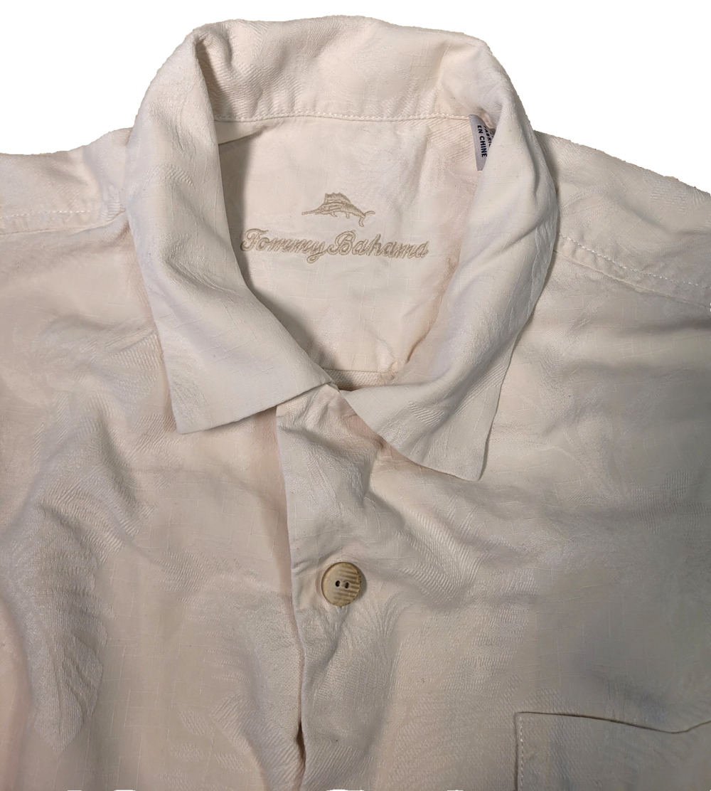 Tommy Bahama Shirt Mens Medium White SILK Jacquard Palm Leaf Camp Button Up TB93